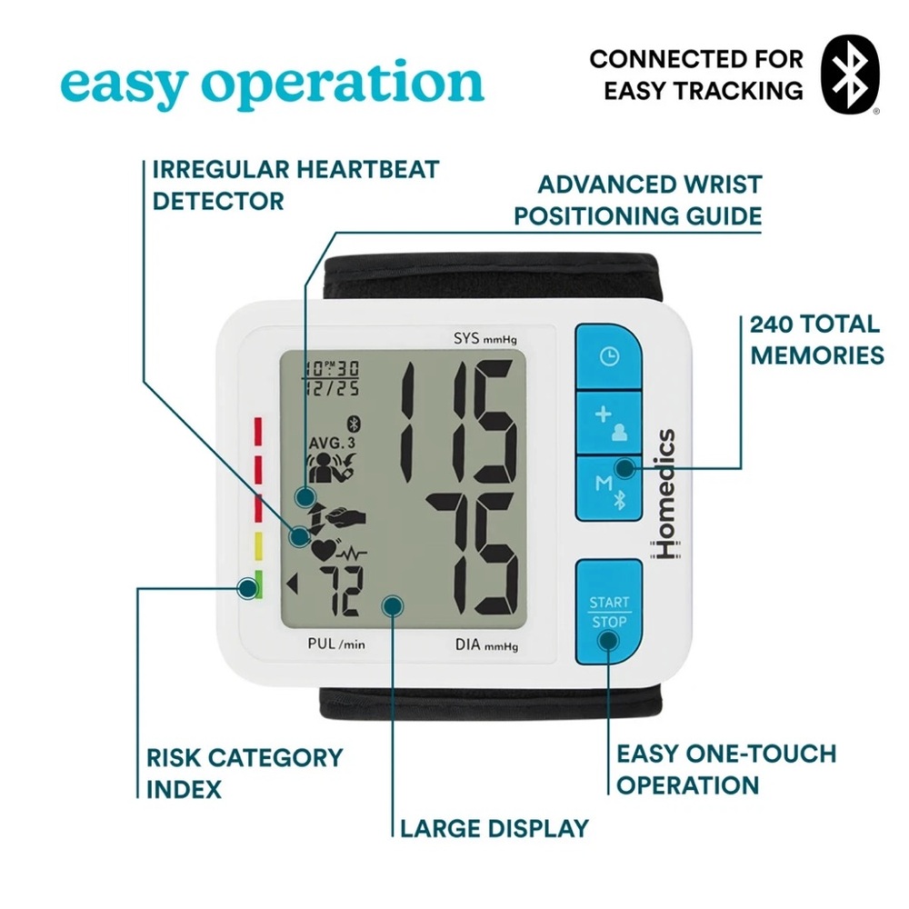 Homedics Bluetooth Wrist Blood Pressure Monitor - White w. Black wrist strap